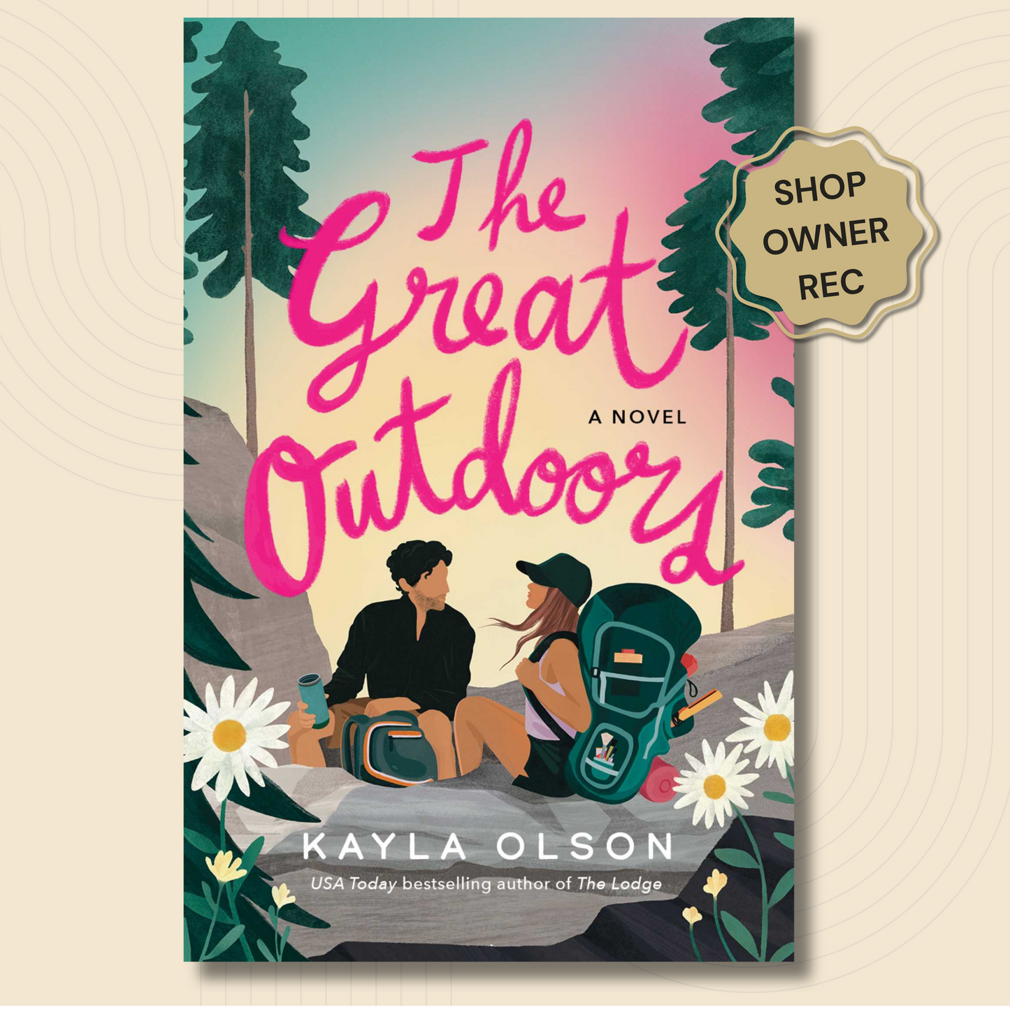 Book cover for 'The Great Outdoor' by Kayla Olson, featuring an illustrated couple sitting on a rock in a forest with pink lettering and a gold 'Shop Owner Rec' badge on the top right.