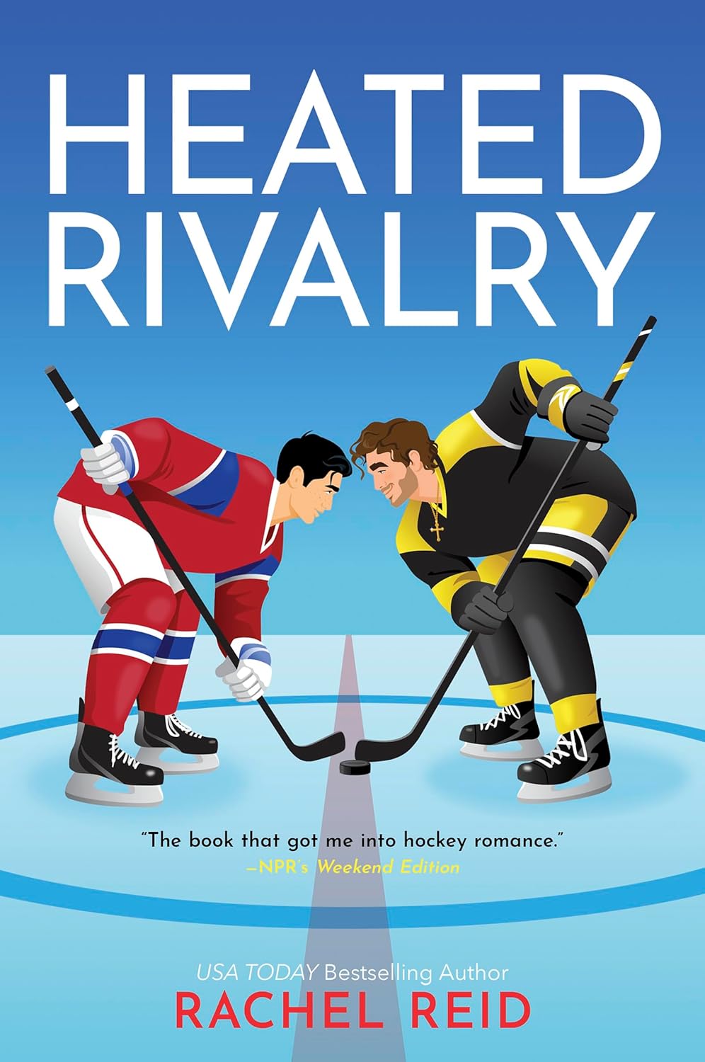 Book cover of 'Heated Rivalry' featuring two hockey players on an ice rink.