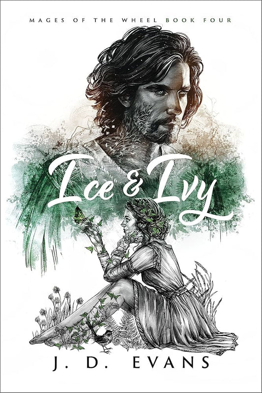 Book cover of 'Ice & Ivy' by J.D. Evans with illustrations of a man and woman.