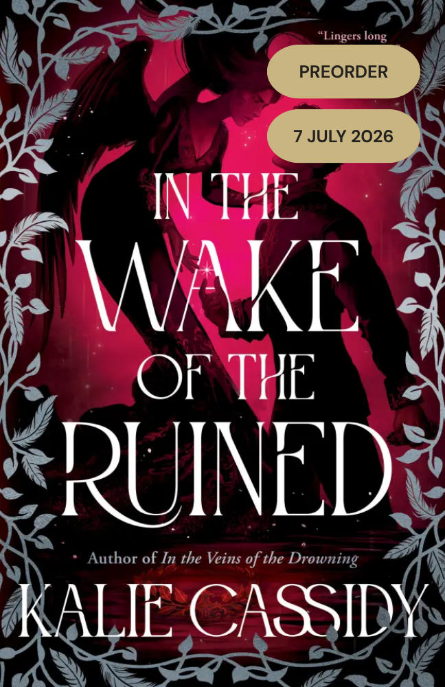 Book cover of 'In the Wake of the Ruined' by Kalie Cassidy with silhouettes and red background.