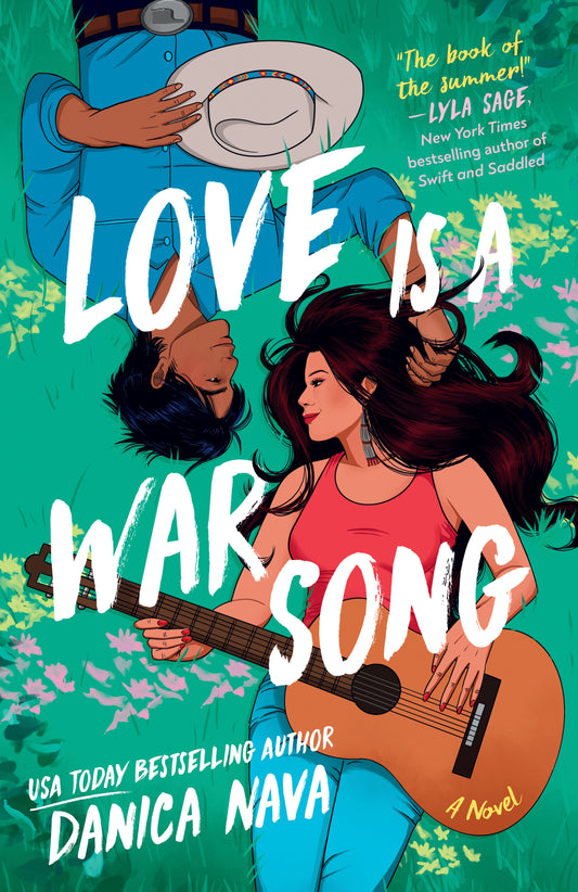 Book cover of 'Love is a War Song' with two characters and a guitar on a green background.