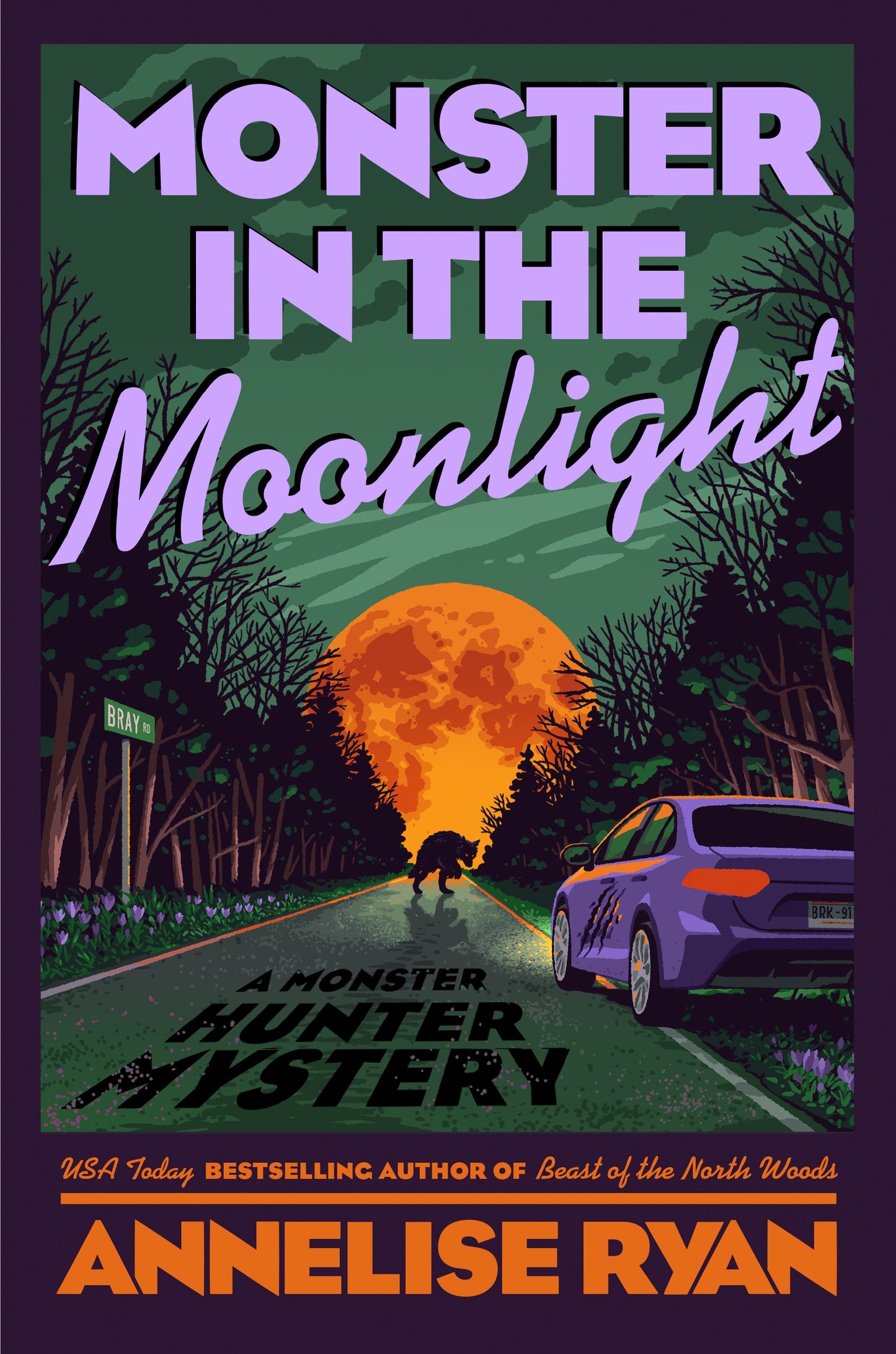 Book cover of 'Monster in the Moonlight' with a car on a road under a large moon.