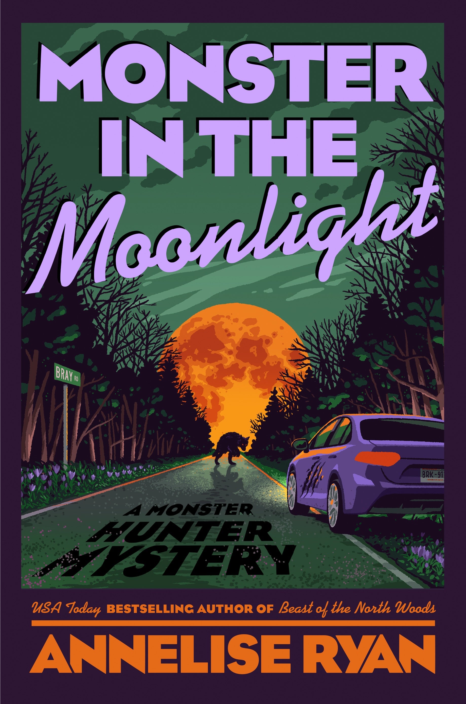 Book cover of 'Monster in the Moonlight' with a car on a road under a large moon.