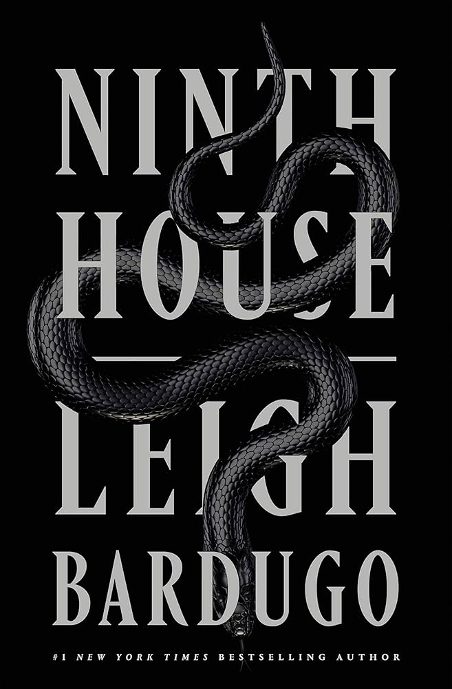 Book cover of 'Ninth House' by Leigh Bardugo with a snake design on a black background.