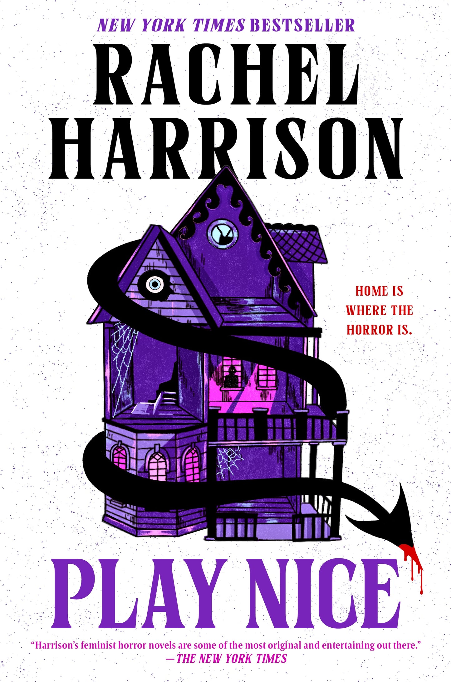 Book cover of 'Play Nice' by Rachel Harrison featuring a purple house with a black arrow and text.