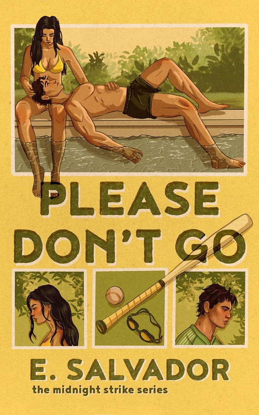 Book cover of 'Please Don't Go' by E. Salvador with illustrations and text on a yellow background.