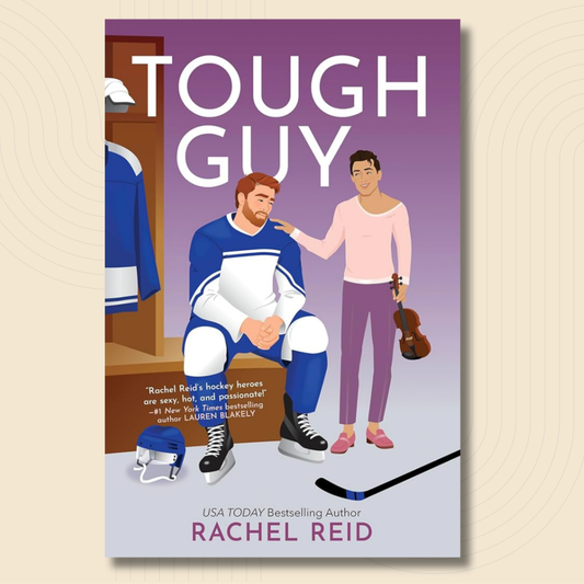 Book cover for 'Tough Guy' by Rachel Reid, featuring an illustrated hockey player sitting on a bench in a locker room while a woman stands beside him holding a violin. The title 'TOUGH GUY' is displayed prominently at the top against a purple gradient background.