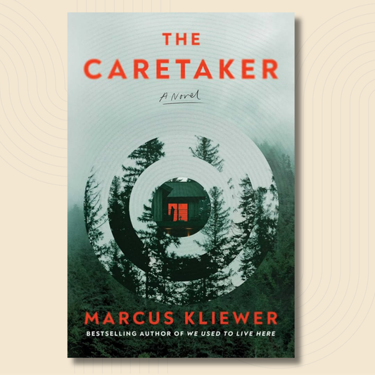 Book cover for 'The Caretaker' by Marcus Kliewer, featuring a circular concentric design with a cabin and forest imagery in muted green, gray, and orange-red text.