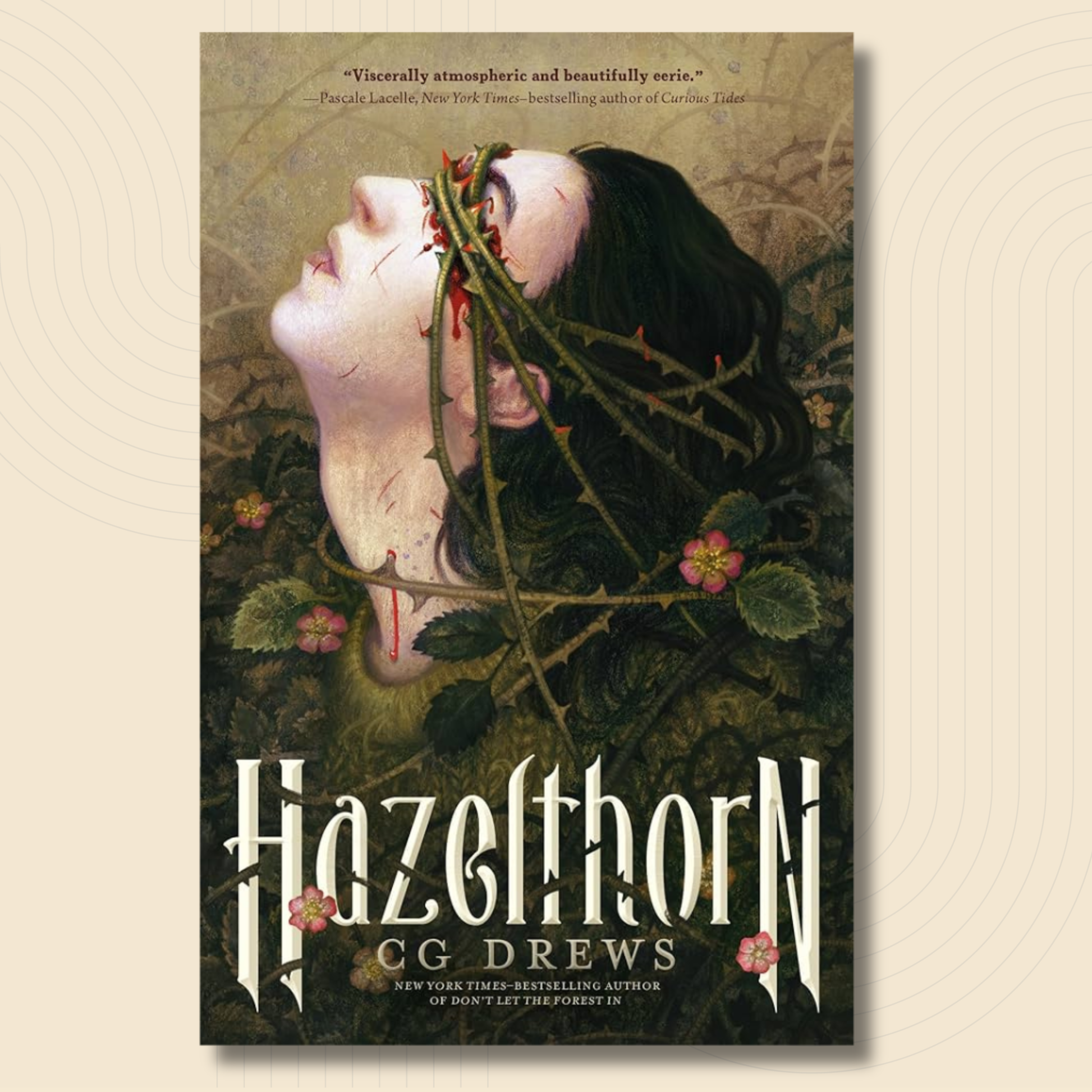 Book cover for 'Hazelthorn' by CG Drews, featuring a woman's face with thorns and roses, set against a dark forest background with large stylized title text.