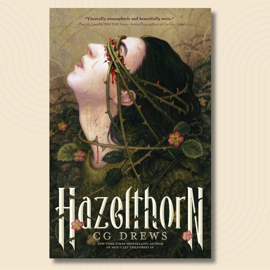 Book cover for 'Hazelthorn' by CG Drews, featuring a woman's face with thorns and roses, set against a dark forest background with large stylized title text.