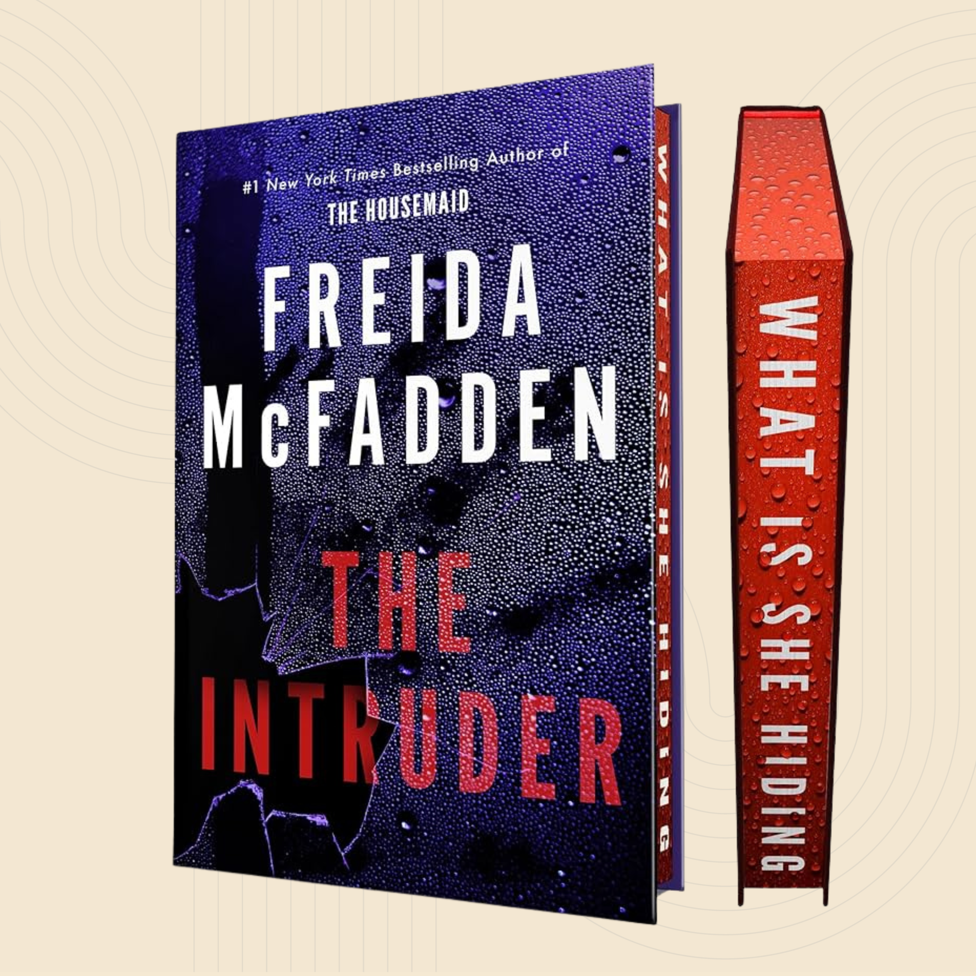 Book cover and spine for 'The Intruder' by Freida McFadden, shown on a light beige background with subtle concentric circle graphics. The cover is dark blue with white and red text, and the spine is red with white text.