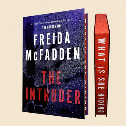 Book cover and spine for 'The Intruder' by Freida McFadden, shown on a light beige background with subtle concentric circle graphics. The cover is dark blue with white and red text, and the spine is red with white text.