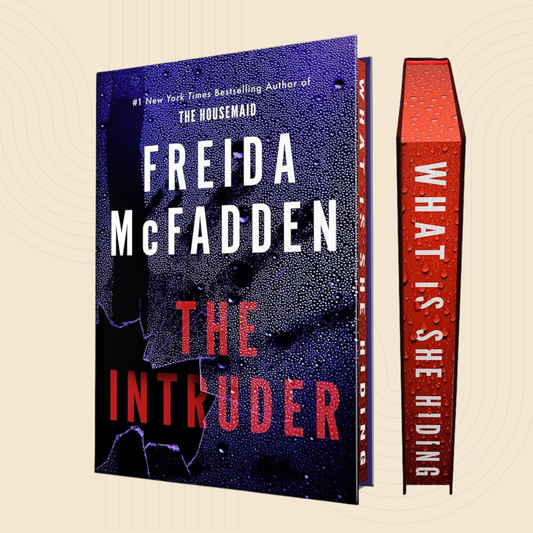 Book cover and spine for 'The Intruder' by Freida McFadden, shown on a light beige background with subtle concentric circle graphics. The cover is dark blue with white and red text, and the spine is red with white text.