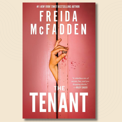 Book cover for 'The Tenant' by Freida McFadden, featuring a red-pink door with a hand gripping the edge and white title text, shown on a light beige background.