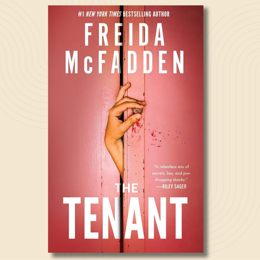 Book cover for 'The Tenant' by Freida McFadden, featuring a red-pink door with a hand gripping the edge and white title text, shown on a light beige background.