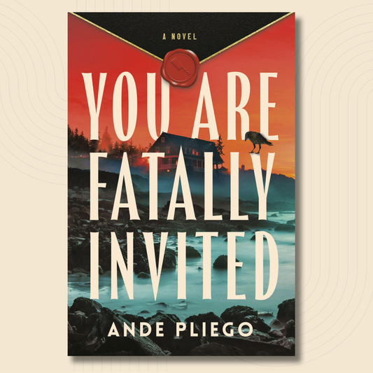 Book cover for the novel 'You Are Fatally Invited' by Ande Pliego, featuring a red envelope design with a coastal cabin scene and large cream title text, shown on a light beige background.
