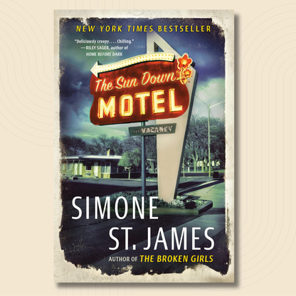 The book cover of 'The Sun Down Motel' by Simone St. James, displayed against a light beige background with a subtle concentric circle pattern.