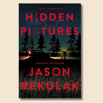 Book cover for the novel 'Hidden Pictures' by Jason Rekulak, featuring a dark starry night sky, silhouetted pine trees, a car with headlights on, and large red title and author text on a beige background.