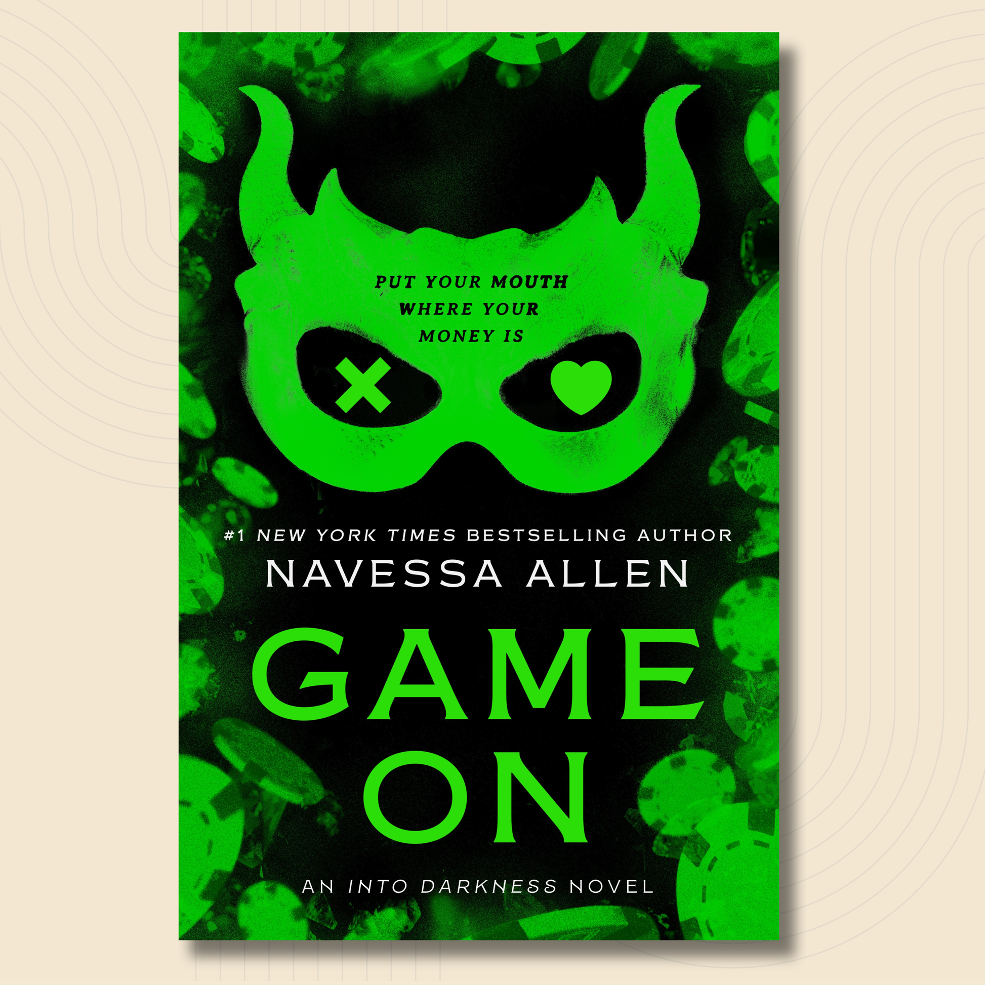 Book cover for 'Game On' by Navessa Allen, featuring a bright neon green devil mask on a dark green and black textured background, displayed on a light beige background with a subtle circular pattern.
