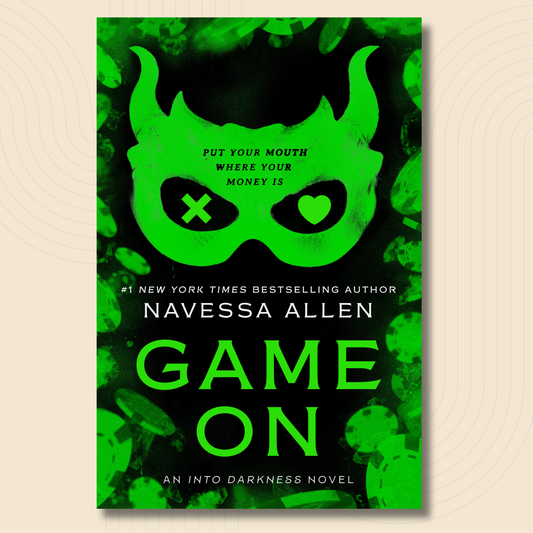 Book cover for 'Game On' by Navessa Allen, featuring a bright neon green devil mask on a dark green and black textured background, displayed on a light beige background with a subtle circular pattern.