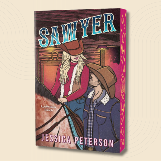 A 3D mockup of a book cover titled 'Sawyer' by Jessica Peterson, featuring an illustration of a woman in a cowboy hat and a man on a horse against a rustic wooden background, set against a light beige background with subtle concentric circle patterns.