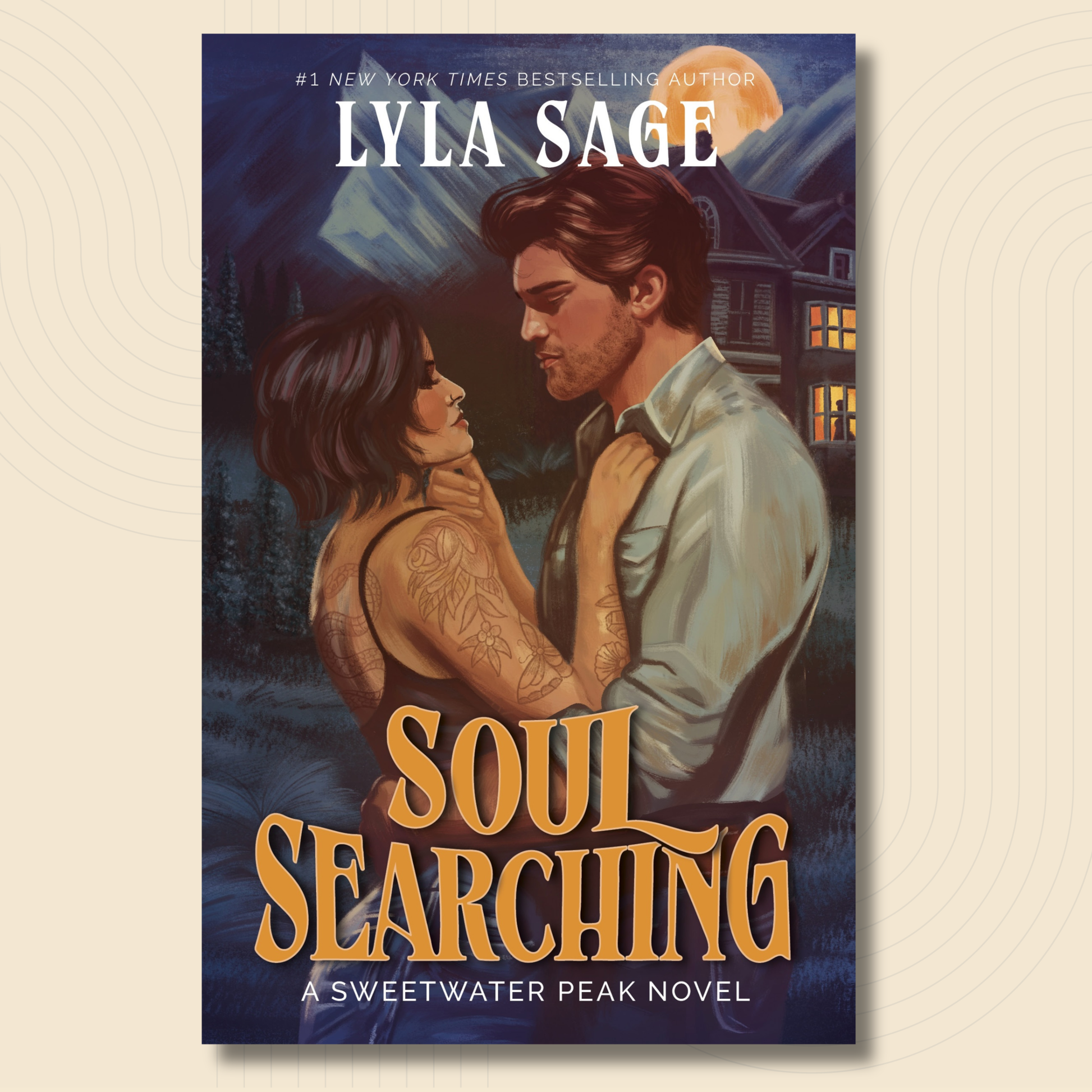 Book cover for 'Soul Searching' by Lyla Sage, featuring an illustrated couple embracing at night with a house and full moon in the background, shown on a light beige textured backdrop.