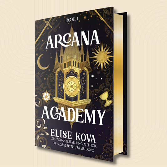 Book cover for 'Arcana Academy' by Elise Kova, Book 1, featuring a dark navy and black celestial design with gold illustrations of a clock tower, sun, crescent moon, and stars, shown as a 3D book mockup on a light beige background.
