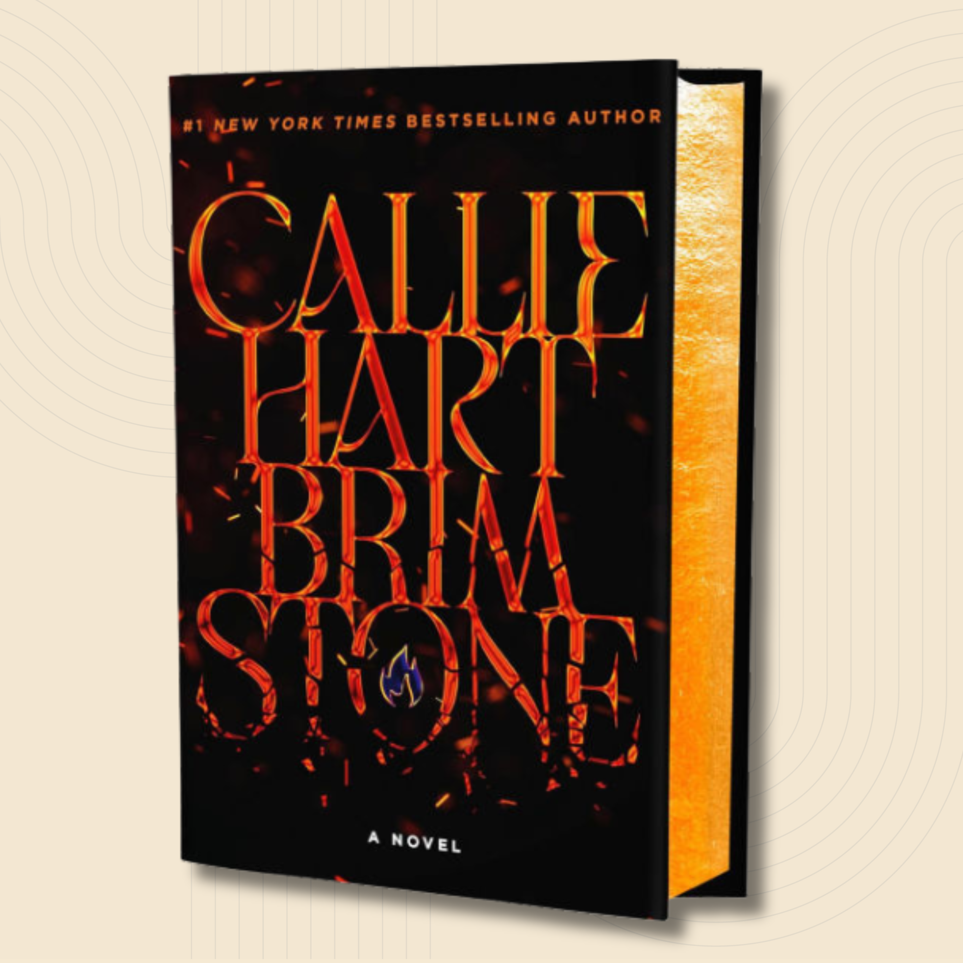 A 3D mockup of the book cover for 'Brim Stone' by Callie Hart, showing a black cover with fiery orange-red lettering and a textured gold interior page, set against a light beige background with subtle concentric circle patterns.