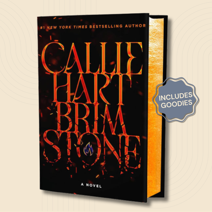 A 3D mockup of the book 'Brimstone' by Callie Hart, showing a black cover with fiery orange-red title lettering and a gold spine, set against a light beige background with a 'Includes Goodies' badge.