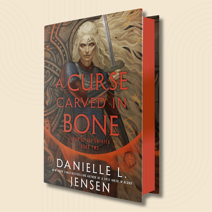 A 3D mockup of a book titled 'A Curse Carved in Bone' by Danielle L. Jensen, showing the front cover and the red spine against a light beige background with subtle concentric circle patterns.