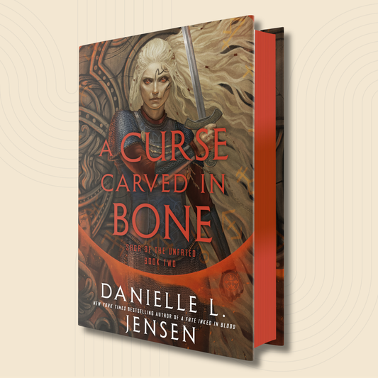 A 3D mockup of a book titled 'A Curse Carved in Bone' by Danielle L. Jensen, showing the front cover and the red spine against a light beige background with subtle concentric circle patterns.