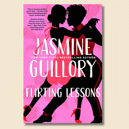 Book cover for 'Flirting Lessons' by Jasmine Guillory, featuring a bold pink and black design with silhouettes of two dancing women and large white title text.
