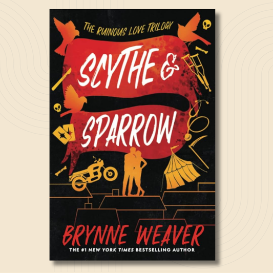 Book cover for 'Slythe & Sparrow' by Bryinne Weaver, featuring a black background with a large red banner, white title text, and orange/yellow illustrated icons including birds, a motorcycle, tent, and figures.