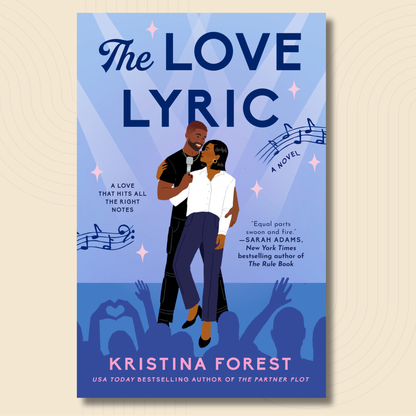 Book cover for 'The Love Lyric' by Kristina Forest, featuring an illustrated couple dancing under a blue spotlighted sky with musical notes and cheering crowd silhouettes at the bottom.