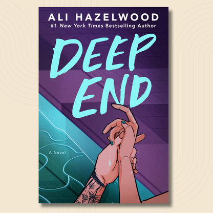 Book cover for the novel 'Deep End' by Ali Hazelwood, featuring a stylized illustration of two hands holding on the shore with a teal ocean and purple sky in the background.