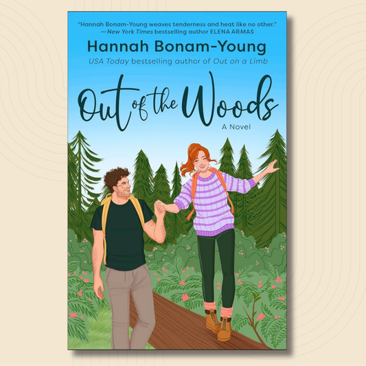 Book cover for the novel 'Out of the Woods' by Hannah Bonam-Young, featuring an illustrated couple hiking through a forest on a wooden boardwalk, set against a light beige background.