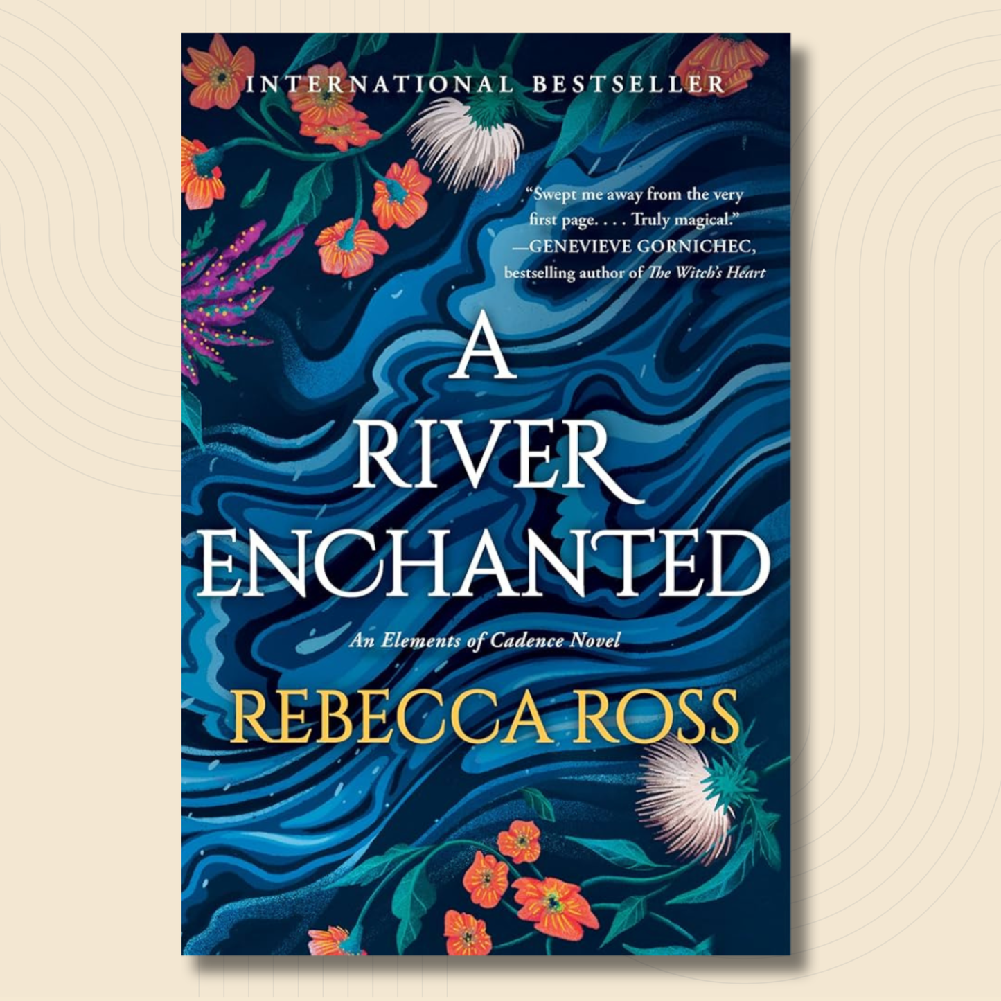 Book cover for 'A River Enchanted' by Rebecca Ross, featuring a dark blue wavy water design with orange flowers and white sea lilies, displayed on a light beige background with subtle concentric circle patterns.
