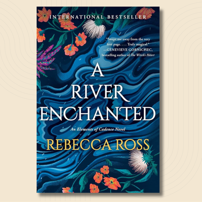 Book cover for 'A River Enchanted' by Rebecca Ross, featuring a dark blue wavy water design with orange flowers and white sea lilies, displayed on a light beige background with subtle concentric circle patterns.