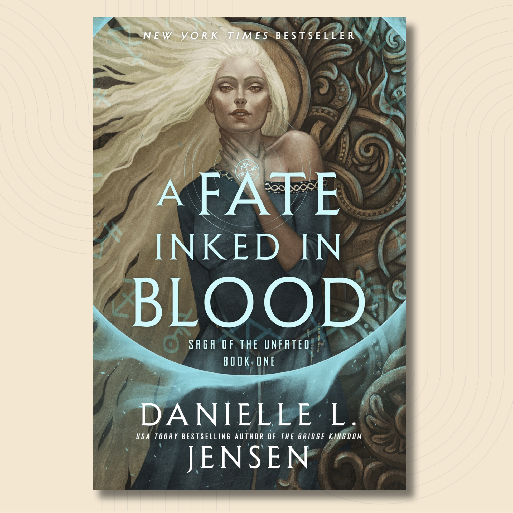 Book cover for 'A Fate Inked in Blood' by Danielle L. Jensen, featuring an illustrated woman with long white hair against a dark teal and brown ornate background, centered on a light beige textured backdrop.