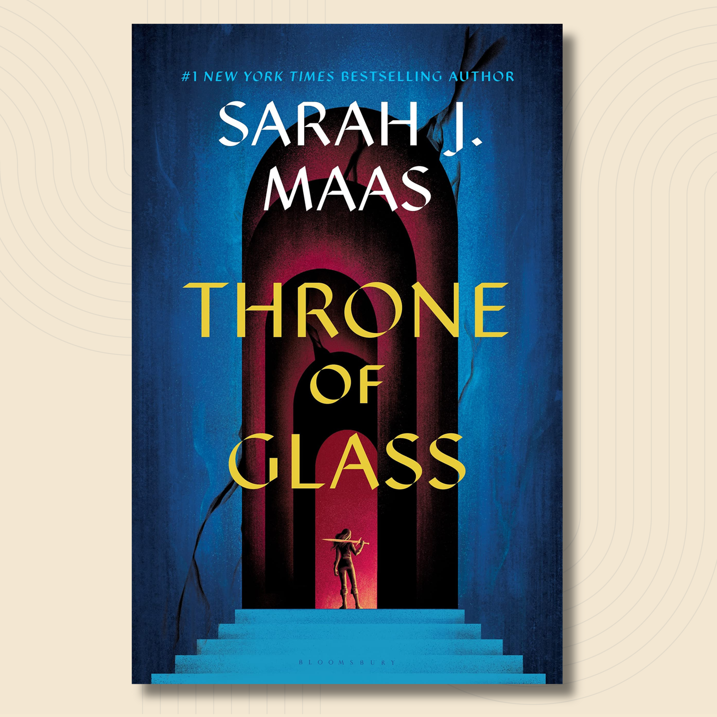Book cover for 'Throne of Glass' by Sarah J. Maas, featuring a dark blue background with a glowing red archway, yellow title text, and a small figure standing on blue steps.