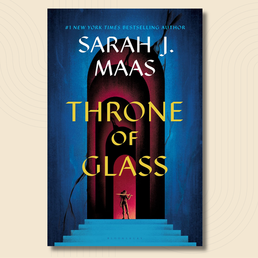Book cover for 'Throne of Glass' by Sarah J. Maas, featuring a dark blue background with a glowing red archway, yellow title text, and a small figure standing on blue steps.