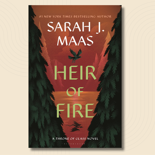 Book cover for 'Heir of Fire' by Sarah J. Maas, featuring a dramatic red and orange sky, dark pine trees, and green title text, shown against a light beige background with a subtle circular pattern.