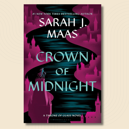 Book cover for 'Crown of Midnight' by Sarah J. Maas, featuring a stylized magenta and black castle landscape with a winding teal river and large light blue title text, shown on a beige background.
