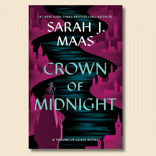 Book cover for 'Crown of Midnight' by Sarah J. Maas, featuring a stylized magenta and black castle landscape with a winding teal river and large light blue title text, shown on a beige background.