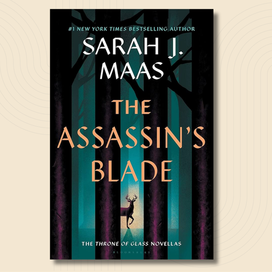 Book cover for The Assassin's Blade by Sarah J. Maas, featuring a dark forest with teal and purple tree trunks, white title text, and a deer silhouette at the bottom center.