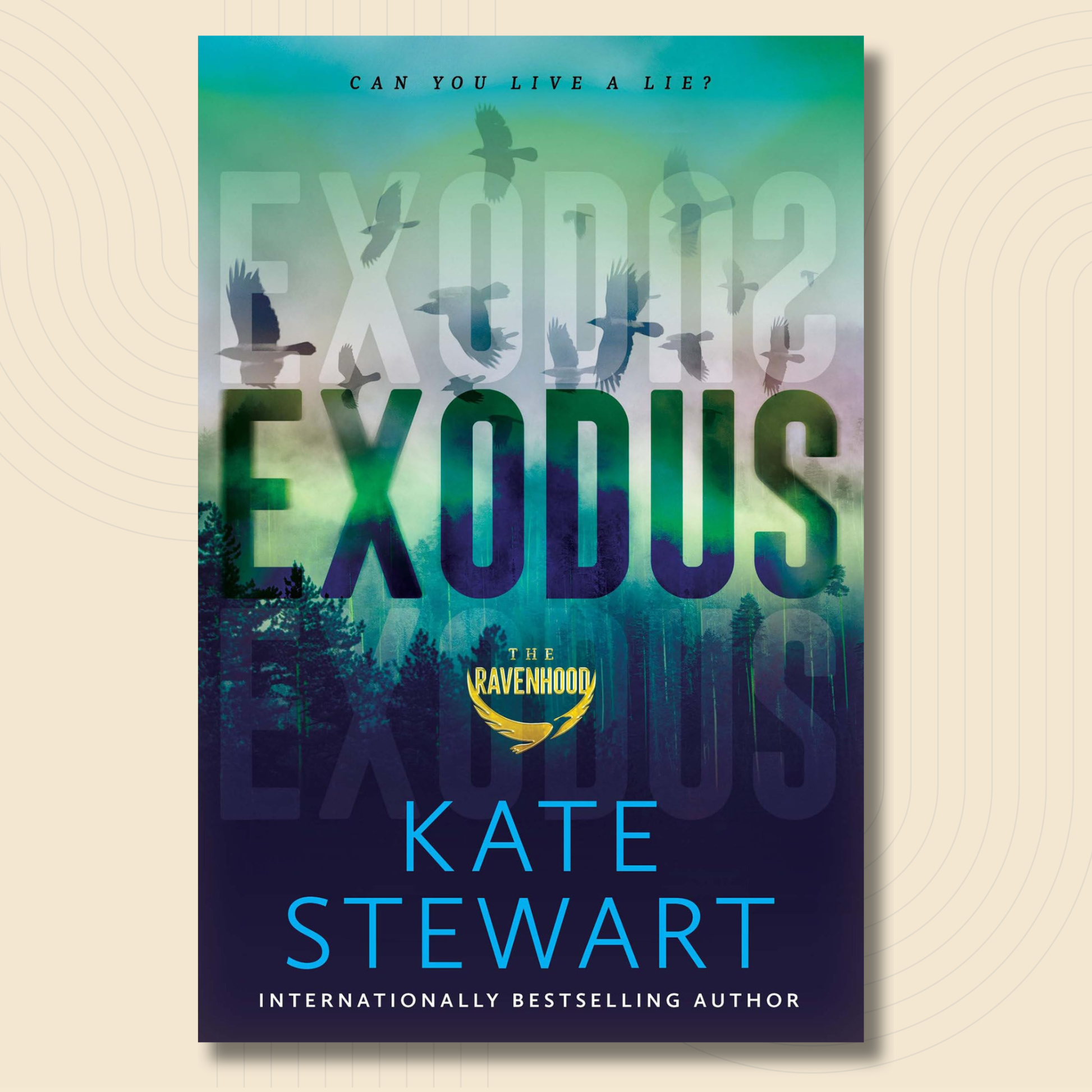 Book cover for 'Exodus' by Kate Stewart, featuring a teal-to-purple gradient background with silhouettes of birds flying over trees and large layered title text. The 'The Ravenfold' series logo is visible near the center, and the author name is shown at the bottom.