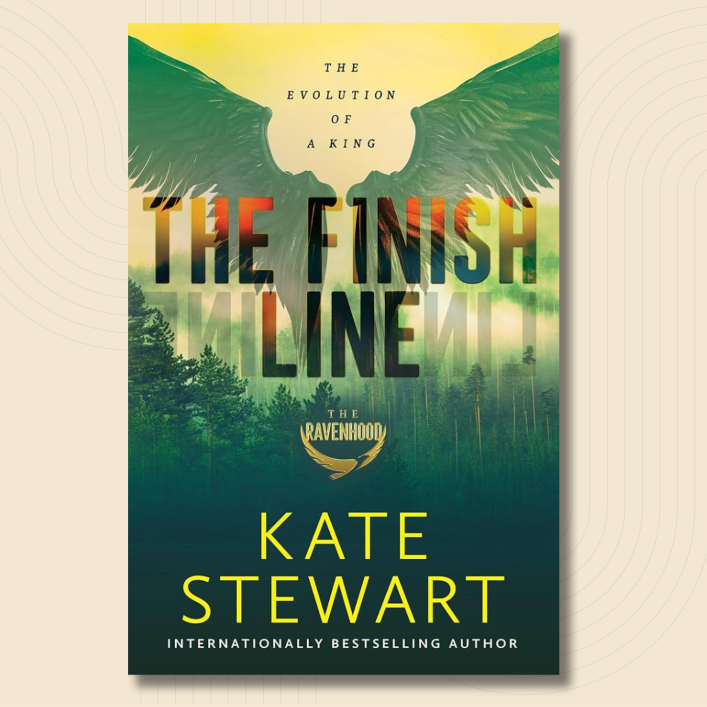 Book cover for 'The Finish Line' by Kate Stewart, featuring a dramatic green and yellow design with a falcon silhouette, forest imagery, and the title in large letters, shown against a light beige background.