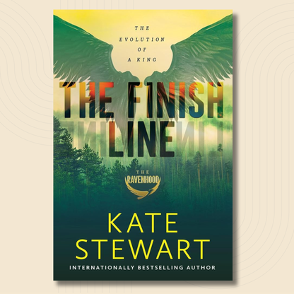 Book cover for 'The Finish Line' by Kate Stewart, featuring a dramatic green and yellow design with a falcon silhouette, forest imagery, and the title in large letters, shown against a light beige background.