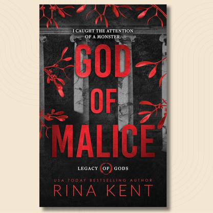 Book cover for 'God of Malice' by Rina Kent, featuring a dark stone column background with large red title text and red leafy vines across the top and sides.