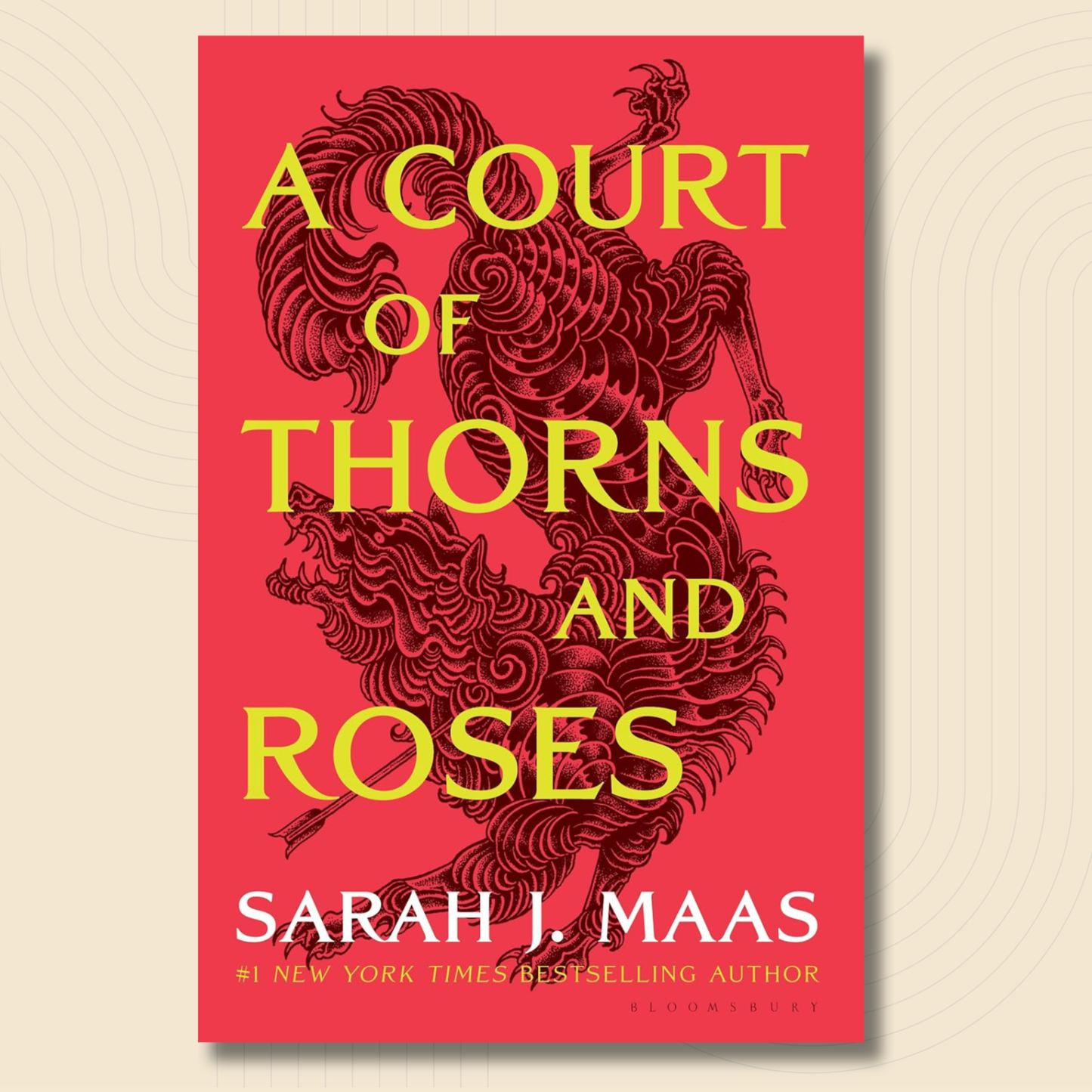 Book cover for 'A Court of Thorns and Roses' by Sarah J. Maas, featuring a bright red background with a dark red dragon illustration and yellow title text, shown against a light beige background with subtle concentric circle patterns.